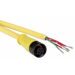 Single-ended cordset with 3 pins, 22 AWG wire, and a yellow PVC jacket. Features a 1/2"-20 female right-angle connector on one end and bare wire on the other. Cable length is 12 ft. Rated IP68 for protection against dust and immersion. Suitable for connecting sensors, actuators, and control devices in industrial environments.