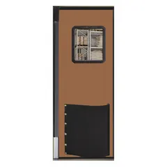 Single-door washdown swinging door with brown finish and included window. Measures 7 ft in height and 2 1/2 ft in width. Suitable for industrial environments requiring frequent cleaning and hygiene maintenance.