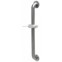 This 24-inch straight grab bar is constructed of brushed stainless steel with a 1 1/2-inch diameter and a weight capacity of 250 lb. It includes an integrated hand-held shower holder and mount glide rail, suitable for use in bathrooms or shower areas to provide support and convenience.