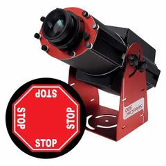 This 300 W LED projector includes a lens and image template that projects a 4-way stop legend onto surfaces. It is supplied with a power supply and is suited for traffic control, safety signage, or industrial marking applications.