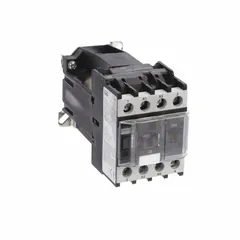 This 4-pole non-reversing IEC contactor is rated for 25 A and features a 24V DC coil with 2 normally open and 2 normally closed contacts. It does not include integrated surge suppression. Typical applications include switching motors, lighting, and resistive loads in industrial control panels and automation systems.