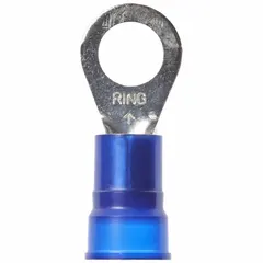 Nylon-insulated ring terminal rated for 1000 V. Accepts 6 AWG wire and fits 3/8 in studs. Used for permanent crimp connections in control panels, power distribution, and equipment wiring.