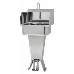This one-station freestanding hand sink includes a faucet and is designed for handwashing in commercial settings. It features a 17-inch bowl length, 7-inch bowl depth, and a flow rate of 0.5 gpm. Side splash is not included.