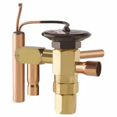 Thermostatic expansion valve for R-404A refrigerant with 1 ton nominal capacity. Features a removable strainer and field-adjustable superheat adjustment. Used to regulate refrigerant flow into the evaporator in refrigeration systems.