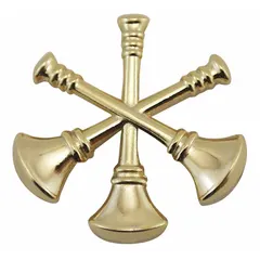 Metallic insignia featuring Assistant Chief Fire bugles in gold finish. Measures 3/4 inch and attaches via clutch pin. Suitable for uniform collar or lapel wear by fire service personnel.