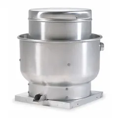 Direct-drive centrifugal upblast exhaust fan for kitchen ventilation. Square base, assembled unit with open dripproof motor. Single-speed, standard-efficiency motor delivers exhaust airflow up to 1,999 cfm at 0.000 in SP and 0.500 in SP. Includes drive package; not for high-static-pressure applications.