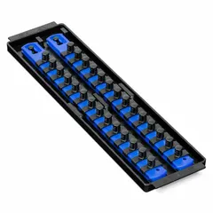 Socket tray with 28 posts for organizing socket sets. Blue finish. Overall width 3-5/8 inches. Suitable for use in toolboxes, workbenches, and service carts to keep sockets sorted and accessible.
