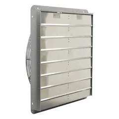 This shutter-mount exhaust fan features a 30-inch aluminum blade with Galvalume finish, powered by a 2-speed, 1/3 hp totally enclosed air over motor. It delivers 5,088 cfm at 120V AC and is designed for quick plug-in installation. Suitable for general industrial ventilation applications such as exhausting hot air, fumes, or odors from factories, warehouses, and workshops.