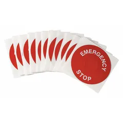 Round polyester legend ring with white 'Emergency Stop' legend on red background. 3 1/2 in overall diameter. Compatible with R6000 series. Used to identify push-button functions on industrial control panels.