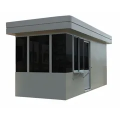 Aluminum guard building with integrated restroom, measuring 19 ft long, 7 ft wide, and 9 ft high. Features five windows for visibility. Does not include an A/C unit. Suitable for security checkpoints, toll plazas, and industrial sites requiring a weather-resistant shelter.