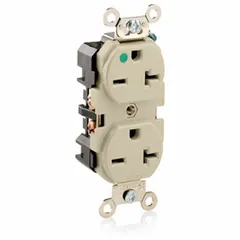 Specification grade duplex receptacle rated 20 A at 250 V AC, 2-pole/3-wire with NEMA 6-20R configuration. Ivory finish. Suitable for general purpose use in commercial and industrial settings requiring a 20 A, 250 V outlet.