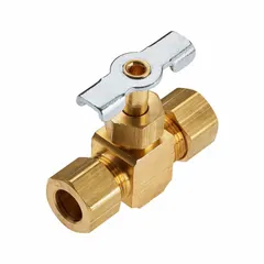 Brass straight-body needle valve with screw-in bonnet and metal tee handle. Features female compression connections on both sides for 3/8 in pipe size. Designed for water media and compliant with RoHS standards. Used for precise flow regulation and shut-off in plumbing and industrial piping systems.