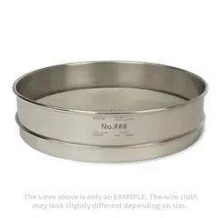 This test sieve features a 12-inch outside diameter and 3-inch height, with a stainless steel frame and stainless steel screen cloth. The 1-inch US Standard mesh size complies with ASTM E11 standards. It is used for particle size analysis and material classification in laboratory and industrial settings.