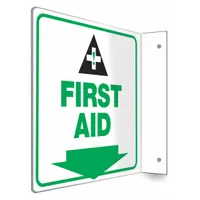 L-Shape Projection First Aid Sign with 8 in x 8 in nominal size. Features mounting holes for secure wall installation. Not retroreflective, not glow-in-the-dark, and has no anti-slip surface. Suitable for marking first aid stations or equipment in industrial, commercial, and facility settings