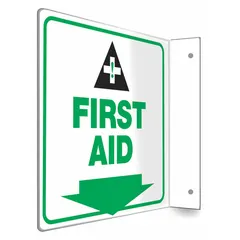 L-Shape Projection First Aid Sign with 8 in x 8 in nominal size. Features mounting holes for secure wall installation. Not retroreflective, not glow-in-the-dark, and has no anti-slip surface. Suitable for marking first aid stations or equipment in industrial, commercial, and facility settings.