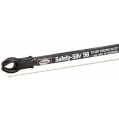 NSF-certified high-silver brazing alloy, BAg-7 grade with 56% silver content. Supplied as bare rods, 1/16 in diameter by 18 in length, in a pack of 5. Used for joining copper, brass, steel, and stainless steel in applications requiring joint strength and corrosion resistance.