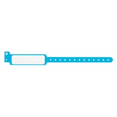 Blue plastic security wristbands for temporary identification and access control. Each measures 11 1/2 inches long by 1 3/8 inches wide. Supplied in a 500-pack for high-volume applications such as events, hospitals, and industrial facilities.