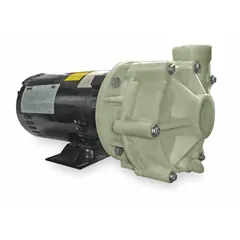 This centrifugal pump features a polypropylene housing and impeller for chemical resistance in corrosive fluid transfer. It is powered by a 1/2 hp three-phase motor with open dripproof enclosure, rated for 208-230/460V AC. Connections are NPT. Typical applications include industrial processing, plating, and wastewater treatment.