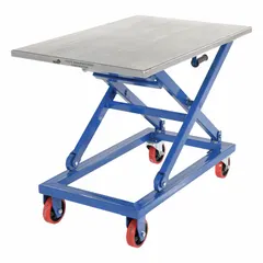 Stainless steel manual scissor-lift table with 1,000 lb load capacity and 39 1/4 in L x 25 1/4 in W platform. Used for precise positioning of loads in assembly, maintenance, and warehouse operations where power is unavailable.