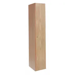 This solid wood wardrobe locker is constructed from Red Oak plywood and comes fully assembled. It features a single tier, one unit wide, and is secured with a keyed lock. Typical applications include employee changing rooms, schools, and offices where personal belongings need to be stored.