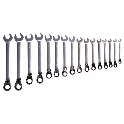WESTWARD Combination Wrench Set: Alloy Steel, Chrome, 16 Tools - Metric 12-Point Ratcheting Combination Wrench Sets
