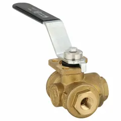 Brass three-way ball valve with T-port configuration for diverting or mixing flow. Features 1/4 in FNPT connections on all ports, standard port ball port, and lever handle. Suitable for flow routing in plumbing and industrial piping systems.