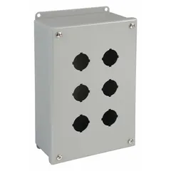 The WIEGMANN PB6 is a NEMA 4 rated enclosure for 30mm operators, constructed from carbon steel with a washdown-corrosion-resistant finish. It features four holes for 30mm push buttons and is suited for industrial environments requiring protection against hose-directed water and corrosion.