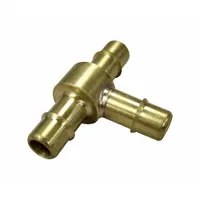This brass barbed tee fitting joins three tubes of equal inner diameter in pneumatic or fluid-handling systems. The barbed connections provide a secure grip on flexible tubing for low-pressure air, lubrication, or fluid transfer applications