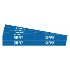 Blue adhesive pipe marker with white legend text reading 'Supply'. Designed for pipe outer diameters from 3/4 to 2-3/8 inches. Pack includes 4 markers without arrows. Used to identify pipe contents in industrial, HVAC, and process piping systems for safety and compliance.