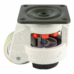 This medium duty leveling plate caster features a 63 mm diameter polyurethane wheel and a 103 mm mounting height. The white frame supports general purpose material handling equipment, carts, and light machinery where precise positioning and mobility are required.
