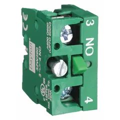 This contact block features a 22 mm panel mounting size with one normally open (1NO) momentary switch action. It is used in control circuits for pushbutton stations, control panels, and machinery interfaces requiring a temporary electrical connection for signaling or actuation.