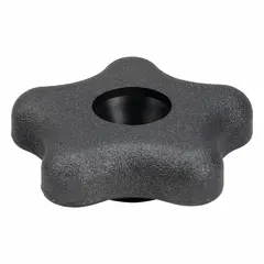 This 5-arm hand knob features a plastic body with a steel thread insert and a 3/8"-16 threaded through-hole. The 2.27 in diameter design provides a comfortable grip for manual adjustment, clamping, and positioning on industrial machinery, jigs, and fixtures.