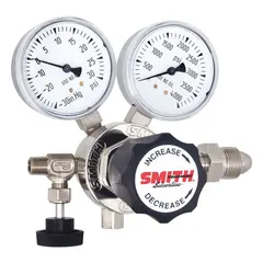 Single-stage regulator for high-purity air and inert gases. Features a stainless steel diaphragm for corrosion resistance and purity. CGA 346 inlet connection and 1/4" tube outlet. Suitable for applications requiring a clean, stable gas supply.