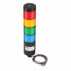 This four-tier tower light assembly from Dayton provides visual status indication with amber, blue, green, and red light tiers. It operates on 24V AC/DC and has an overall height of 9 13/16 inches. The assembly includes no sounder tier and is used for machine status signaling in industrial automation and process control applications.