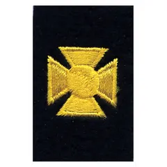 Embroidered rank insignia patch featuring a gold cross design on a black background. Measures 3/4 inch and constructed from a blend of polyester and rayon. Suitable for uniform use to denote rank or affiliation in military, law enforcement, or ceremonial contexts.