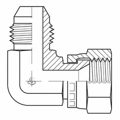 Steel hydraulic hose adapter with JIS male x JIS female swivel connection, 90° elbow design. Used to connect JIS-standard hoses in hydraulic systems where space constraints require a compact, angled routing.