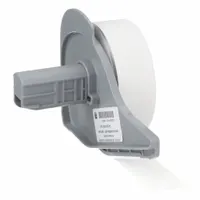 Continuous label roll for industrial identification and asset tracking. White vinyl material, 1/2 in width by 50 ft length. Compatible with BMP71 printer series for printing wire, cable, and component markers