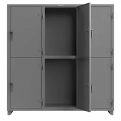 This louvered metal wardrobe locker is constructed from steel with a solid door finished in RAL 7037 "Dusty Gray". It features 2 tiers and 3 units wide, with a padlock hasp for security. The locker is supplied fully assembled and is suitable for personal storage in changing rooms, corridors, and other workplace or facility environments.