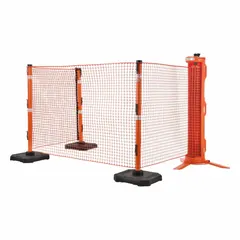 This portable barrier and safety fence system is constructed of steel with a mesh size of 1.25 in x 1.5 in. It measures 57 1/2 inches in overall height and 50 feet in overall length, finished in orange. Typical applications include temporary safety barriers, crowd control, and marking hazards in industrial environments.