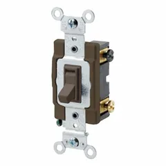This LEVITON toggle wall switch is a 4-way, maintained switch rated for 120/277V AC and 15 A. It features a brown, non-illuminated design. Commonly used in electrical systems where control of lighting from three or more locations is required.