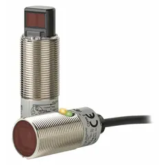 M18 threaded cylindrical photoelectric sensor with built-in 4-pin M12 connector. Operates on 10-30V DC with NPN output. Used for object detection in industrial automation applications such as packaging, material handling, and assembly lines.