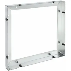 This square wall bracket is designed for wall-mounting belt drive exhaust fans. Constructed from galvanized steel with a 19-inch square base, it includes a hardware kit for installation. Compatible with upblast or downblast fan models 90-130, it is used in ventilation systems requiring a secure wall mount.