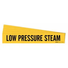 Yellow adhesive pipe marker with black legend reading 'Low Pressure Steam' for identifying low pressure steam lines. Fits pipes with outer diameter of 8 inches and larger. Pack of 5 includes one marker per pack, without directional arrows. Suitable for industrial piping systems requiring clear pipe content identification.