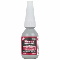 Red, oil-tolerant threadlocker in a 0.34 fl oz bottle. Requires no primer for high-strength locking of threaded fasteners. Suitable for use in industrial equipment, machining, power transmission, and material handling systems.