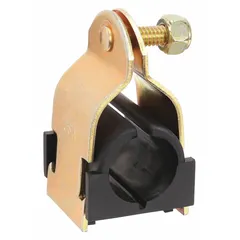 Galvanized steel strut clamp designed to secure 3 in pipe or 3 3/5 in copper tube to strut channels. Includes mounting hardware and a TPE cushion for vibration and noise reduction. Suitable for general-purpose temperature applications in industrial piping, HVAC, and plumbing systems.
