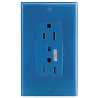 This decorator duplex receptacle is rated 125V AC and 15A with a NEMA 5-15 configuration. It features a blue finish and is designed for flush mounting in standard wall boxes. Suitable for general-purpose power outlets in residential and commercial buildings, it accepts standard 5-15 plugs for lighting, appliances, and electronics