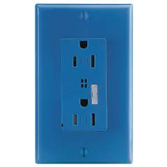 This decorator duplex receptacle is rated 125V AC and 15A with a NEMA 5-15 configuration. It features a blue finish and is designed for flush mounting in standard wall boxes. Suitable for general-purpose power outlets in residential and commercial buildings, it accepts standard 5-15 plugs for lighting, appliances, and electronics.
