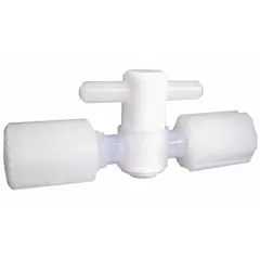 This 2-way plug valve features a PFA body with PTFE seals, designed for high-purity applications. It has 1/4 in pipe size and Flare x Flare connections, operated by a Tee handle. Suitable for handling corrosive chemicals in process lines.