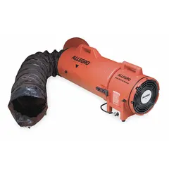 This axial blower and ducting combination unit delivers 900 cfm max flow in free air, powered by a 1/3 hp motor at 115 V AC. It includes 25 ft of statically conductive ducting and a duct storage bag. Typical applications include ventilation of confined spaces such as tanks, vaults, and manholes.