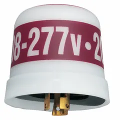 Turn-locking photocell for automatic dusk-to-dawn lighting control in outdoor commercial and industrial applications. SPST switching, 208-277V AC, with spark gap for surge protection. Twist-lock mounting for secure installation.